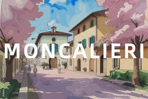 Moncalieri: Beautiful painting of an Italian village with the name Moncalieri in Piedmont