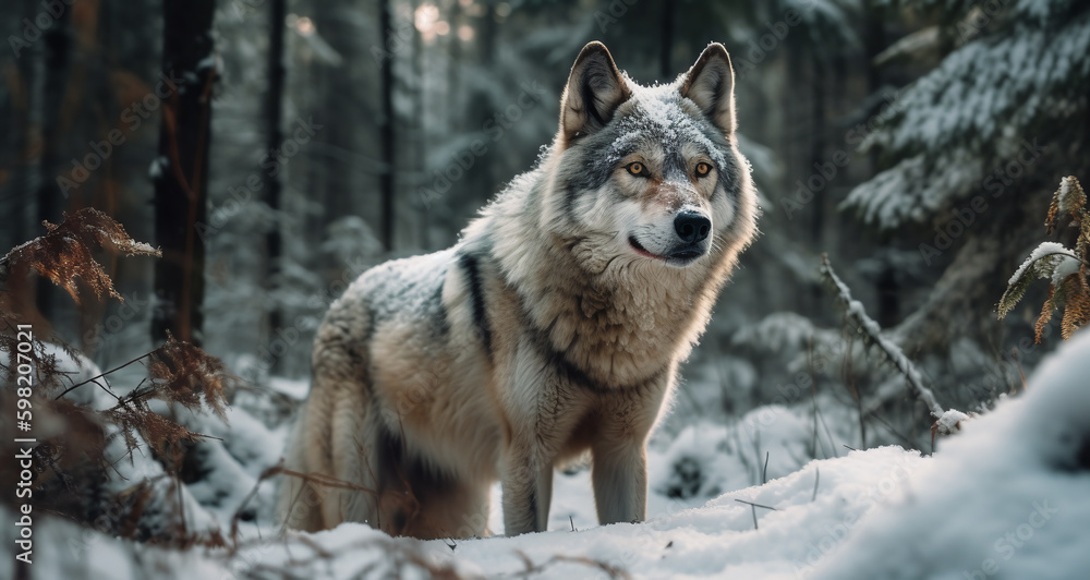 a wolf in the snow forest