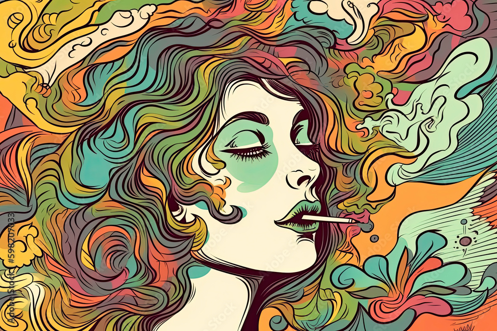 Colourful psychedelic line art with the abstract smoking woman. Cigarette