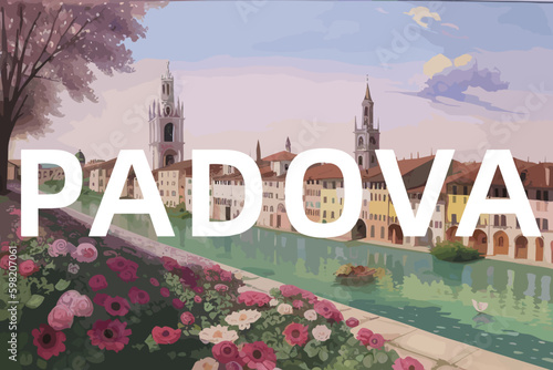 Padova: Beautiful painting of an Italian village with the name Padova in Veneto