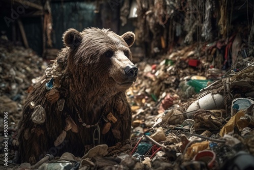 A massive bear surrounded by a vast collection of trash. Generative AI