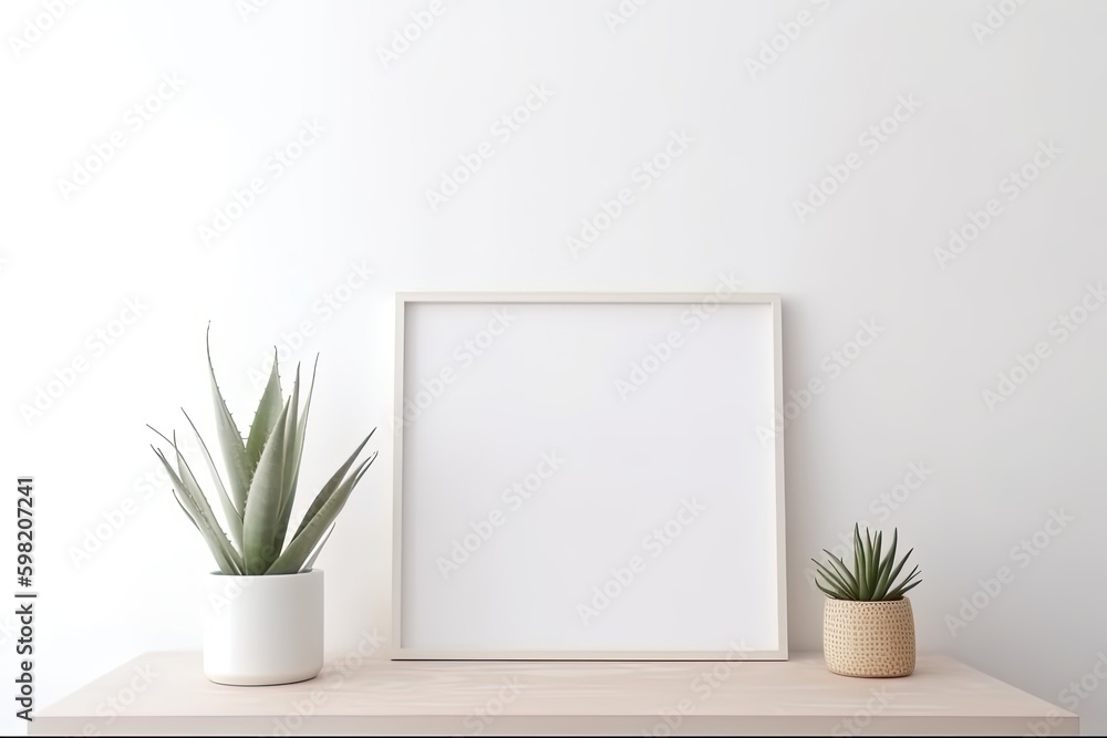 Blank horizontal poster frame mock up in minimal white style living room interior, modern living room interior background, Ai generative. Blank horizontal poster frame mock up in minimal white style living room interior, modern living room interior background, Ai generative.