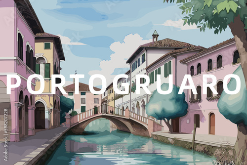 Tableau sur toile Portogruaro: Beautiful painting of an Italian village with the name Portogruaro