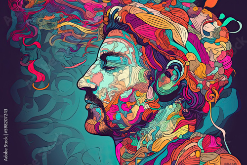 Colourful psychedelic line art with the abstract smoking woman. Cigarette