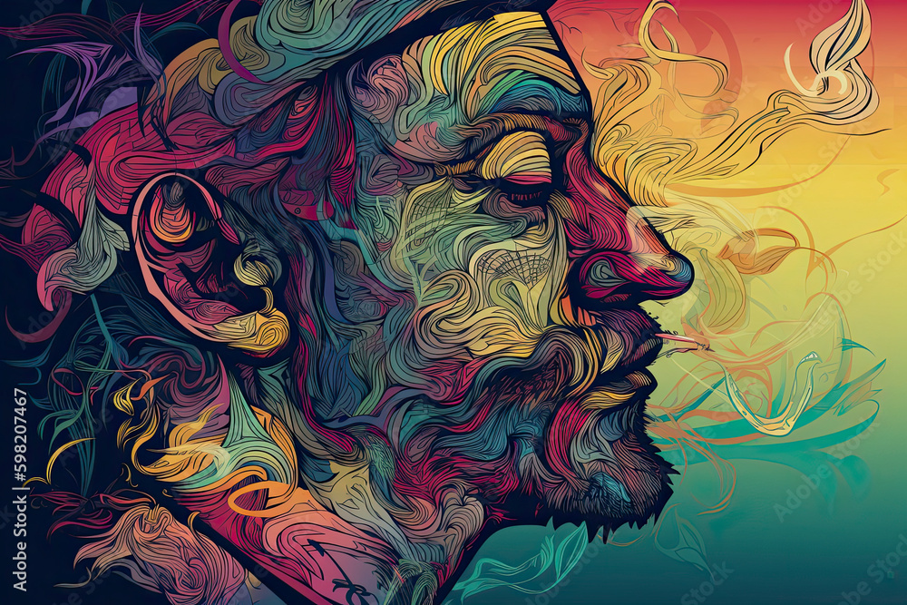 Colourful psychedelic line art with the abstract smoking woman. Cigarette Colourful psychedelic line art with the abstract smoking woman. Cigarette