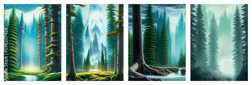 landscape in scandinavian arctic forest, pine trees and snowy sunset, matte painting vector illustration Generative AI