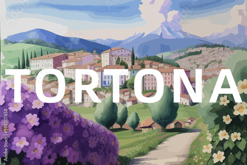 Tortona: Beautiful painting of an Italian village with the name Tortona in Piedmont