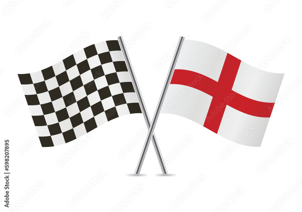 Checkered (racing) and England crossed flags, isolated on white background. Vector icon set. Vector illustration.