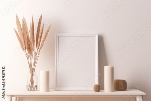 Boho Blank frame mockup in living room, Ai Generative.