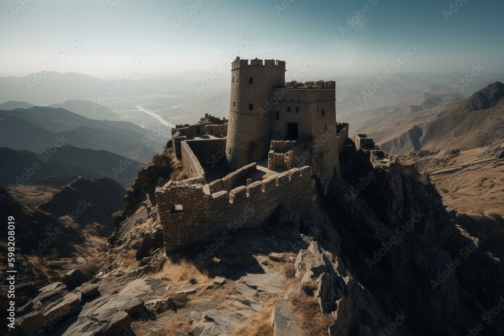 Ancient fortress on a mountaintop. Al Bahah, Saudi Arabia. Generative AI