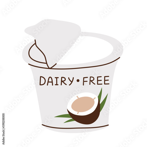 Dairy free yogurt cup, coconut based dessert icon, vector doodle illustration of healthy vegan snacks, probiotic-rich food to buy, isolated colored clipart on white background