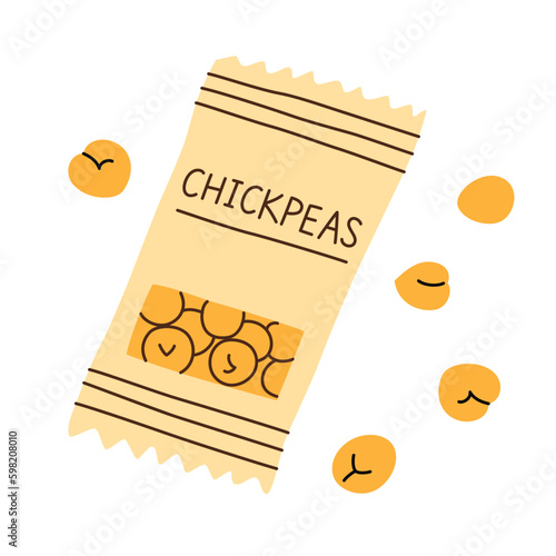 Roasted chickpeas pack icon, vector doodle illustration of healthy vegan snack, protein rich store-bought food, gluten-free plant-based crispy snack, isolated colored clipart on white background
