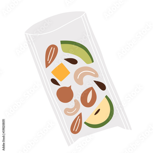 Healthy trail mix icon, vector doodle illustration of fruits and nuts pack, vegan snack on the go, sugar free sweet protein food, isolated colored clipart on white background