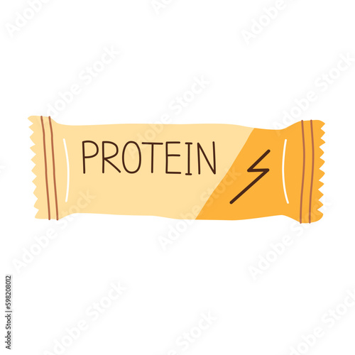 Protein bar icon, vector doodle illustration of nutritious healthy snack, fortified food on the go, store-bought vegan dessert, isolated colored clipart on white background