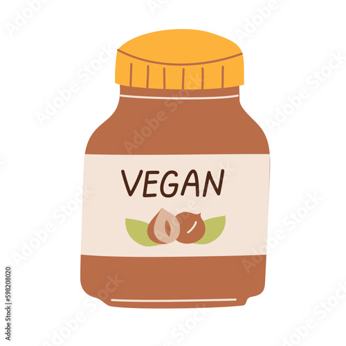 Vegan chocolate nut butter icon, vector doodle illustration of healthy plant-based spread, protein packed fortified food, dairy-free hazelnut butter, vegan nutella, isolated colored clipart
