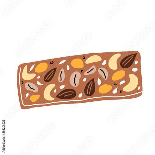 Granola bar icon, vector doodle illustration of homemade vegan snack, healthy enriched food with nuts and seeds, high protein oat and cashew bar, isolated colored clipart on white background