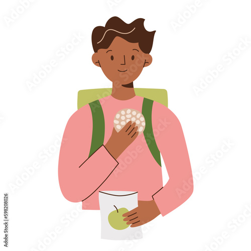 Boy eating rice chips, holding pack with healthy snacks, rice crisps icon, vector doodle illustration of child having lunch after school, healthy vegan food, isolated colored clipart