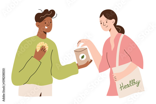 Vegan friends eating healthy snacks, african american man sharing dried fruits, pineapple fruit chips icon, asian woman tasting organic dessert treats, vector illustrations, isolated colored clipart