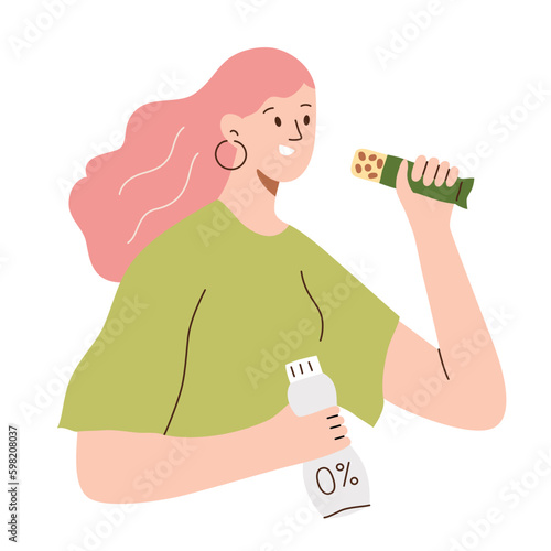 Vegan woman eating healthy snacks, granola bar and probiotic drink icons, vector doodle illustration of plant-based nutritious food,  protein-packed desserts to buy, isolated colored clipart