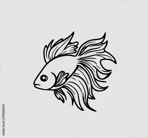 hand drawn design, cartoon tropical fish Betta splendens. Isolated vector illustration in linear style