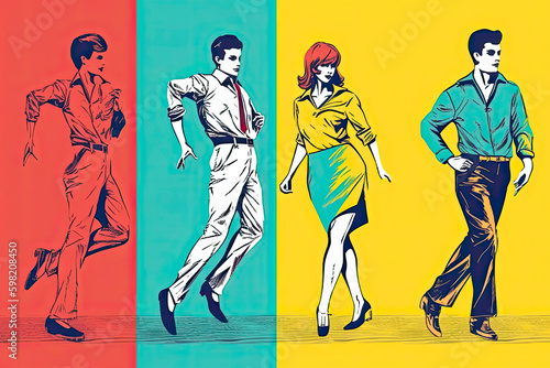 dancing young men boys and girls, copy space on top. Pop art retro vector illustration vintage kitsch