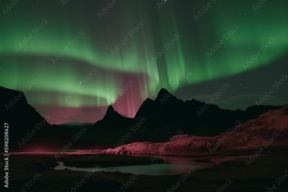 A stunning pink Northern Lights display over a rough landscape with room for text. Generative AI