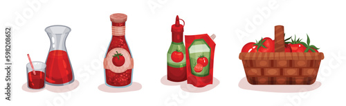 Red Tomato Product with Ketchup, Juice and Basket Vector Set