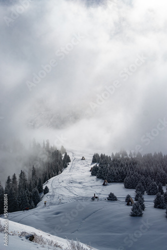 winter mountain plateau in the fog. cloud cover in the mountains