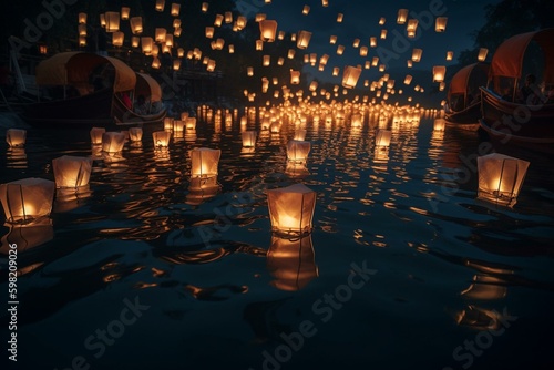 Floating paper lanterns at traditional festival on dark water to commemorate Memorial Day. Illustrated. Generative AI