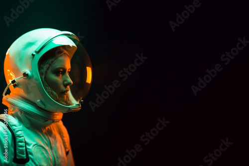 Cute girl in white spacesuit on dark background. Banner, copy space. Generative AI. High quality illustration