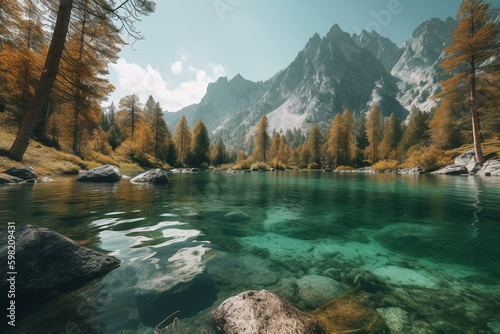 Stunning panoramic view of summer mountain lake. Generative AI © Indigo