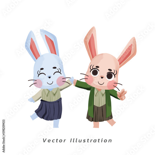  vector illustration of watercolor best friends rabbit, bunny . Cute kawaii animals watercolor. Rabbit cartoon.
