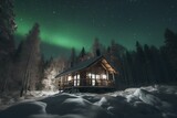 A cabin in snowy woods with green aurora borealis and starry sky. Generative AI
