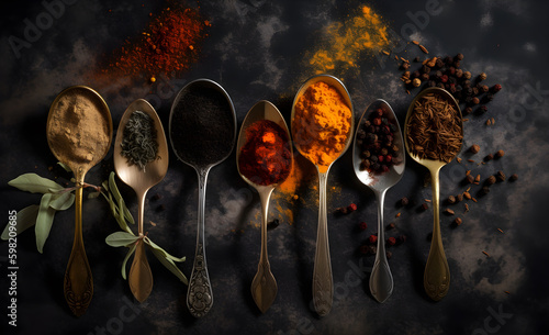 Colourful various herbs and spices for cooking on dark background. Ai Generated