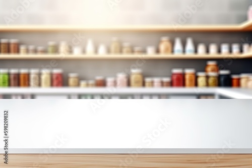 White Table with Supermarket on the background out focus, Food shelf, Ai Generative