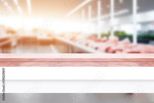 White Table with Supermarket on the background out focus, Food shelf, Ai Generative