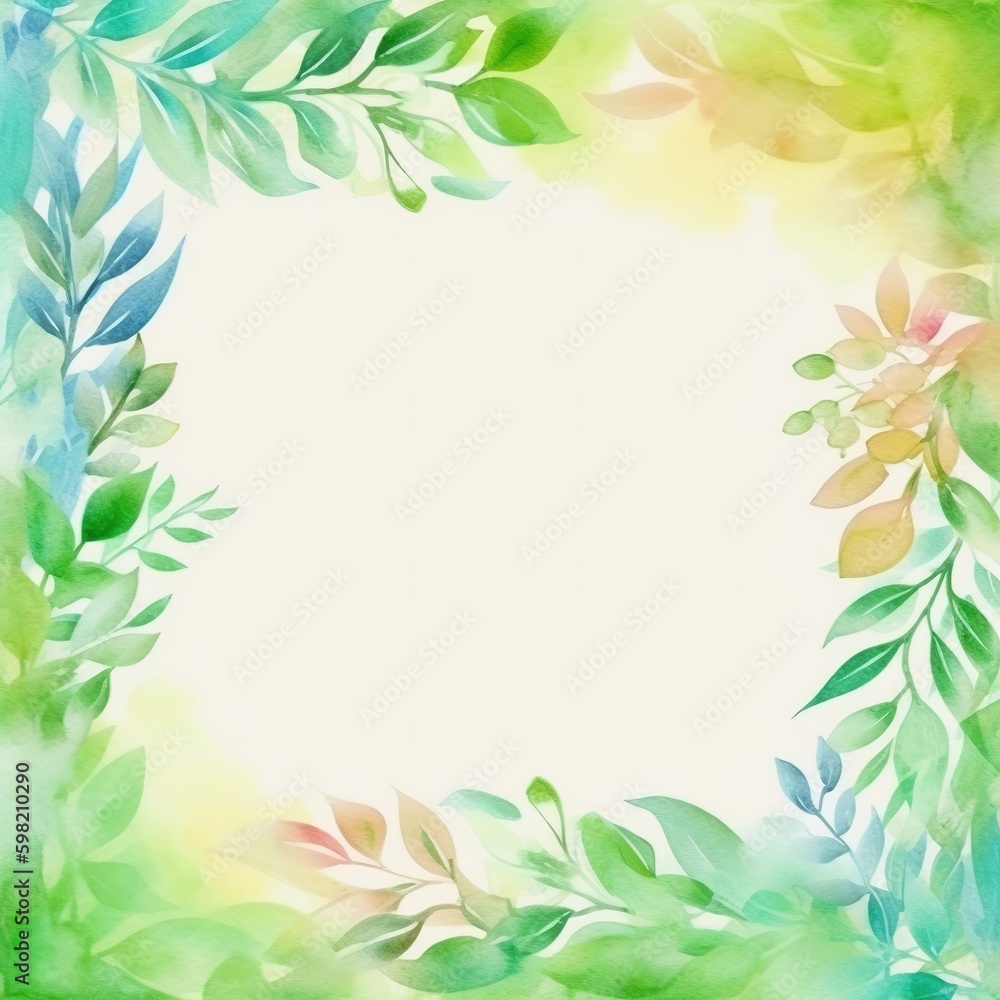 Watercolor Greenery frame invitation with spring leaves background. Perfect for wedding, greeting cards, quotes, Birthday and your unique creation, Generative AI