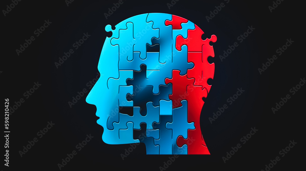 Male profile silhouette with abstract polygonal brain, generative AI. Generative AI
