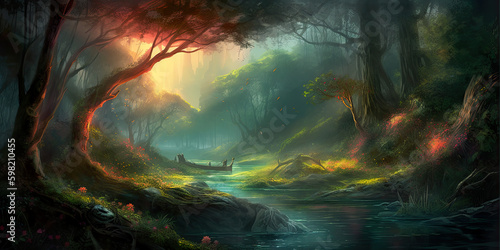A hidden waterfall in the middle of a dense and lush forest  with soft light and flickering fireflies giving a magical mood to it  mountain and forestry  amazing drawn landscape  vibrant and poppy