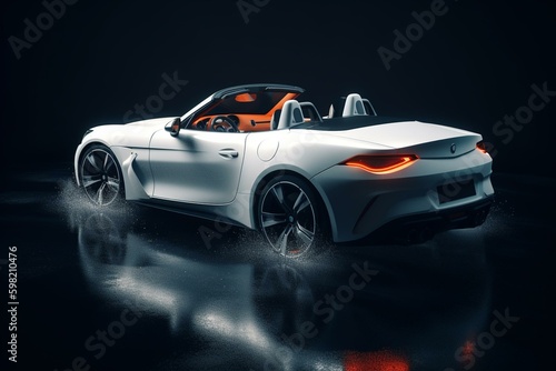 A modern, white plastic sports car with tuning, depicted in an open convertible format via 3D rendering. Generative AI © Calliope