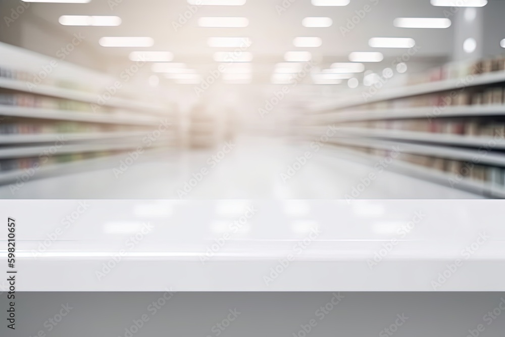 White Table with Supermarket on the background out focus, Food shelf, Ai Generative - obrazy, fototapety, plakaty 