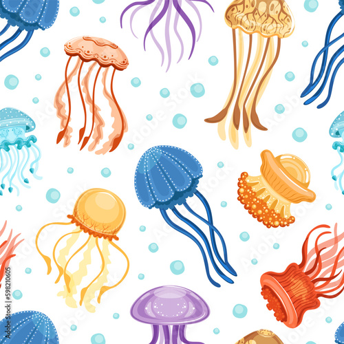 Photography Seamless Pattern with Vibrant Jellyfish Having Umbrella-shaped Bells and Trailin