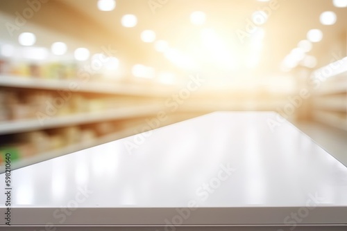 White Table with Supermarket on the background out focus  Food shelf  Ai Generative