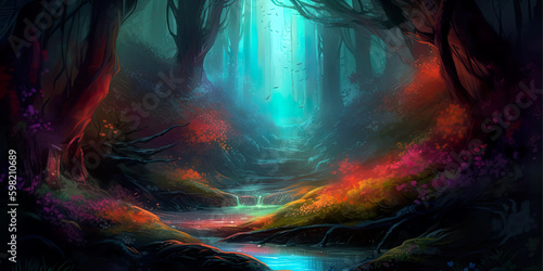 A hidden waterfall in the middle of a dense and lush forest, with soft light and flickering fireflies giving a magical mood to it, mountain and forestry, amazing drawn landscape, vibrant and poppy
