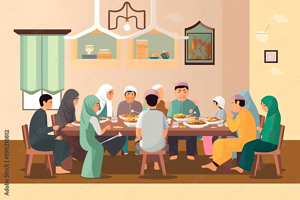 drawing of Eid Mubarak Muslim family having Iftar dinner