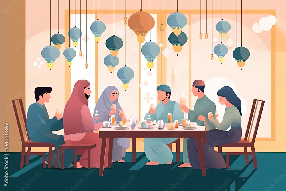 drawing of Eid Mubarak Muslim family having Iftar dinner