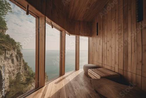 Contemporary lavish timber chamber atop cliff. Generative AI
