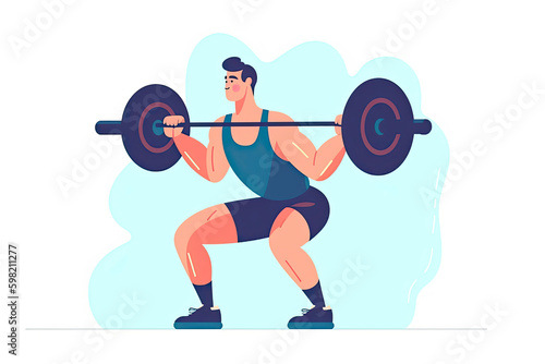 Fitness boy squat barbell arms gym. Slim, fit male athlete weightlifter training