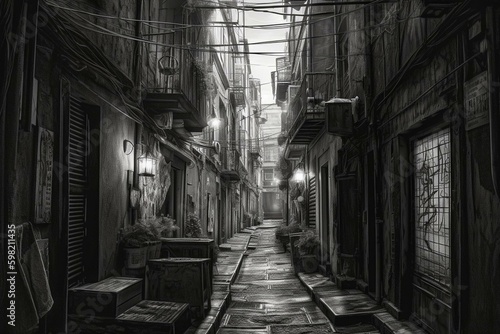 Monochrome sketch featuring European alleyway. Generative AI