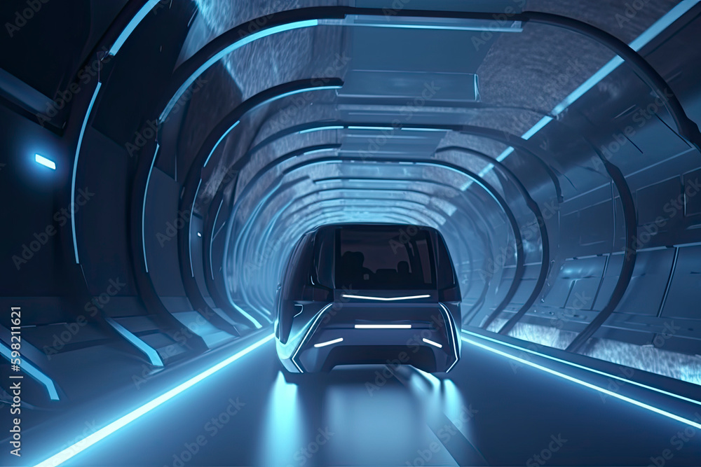 futuristic flying bus with peoples fast driving in sci fi tunnel, coridor. Concept of future. 3d rendering. futuristic flying bus with peoples fast driving in sci fi tunnel, coridor. Concept of future. 3d rendering.